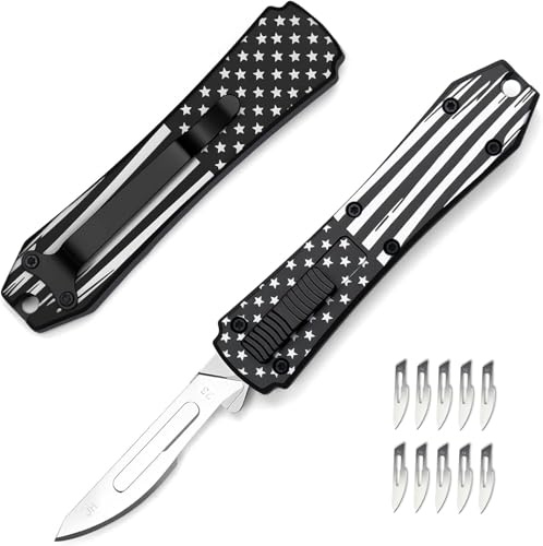 Amacigana Cuchillo multiusos, automático con botón pulsador, cúter retráctil con 10 cuchillas n.° 24, cuchillo multiusos de bolsillo (A 03)