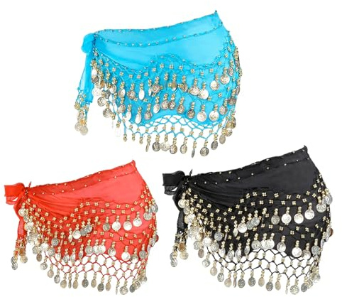 DAWZMR 3 PCS Belly Dancing Hip Scarf, Belly Dancer Belt Scarf Skirt Scarve with 128 Gold Coins for Women