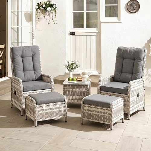 RTDTD 5-teiliges Rattan-Gartenmöbel-Set, Terrassen-Gesprächssets mit 2 Stühlen, 2 Fußhockern und 1 Tisch, verstellbaren Rückenlehnen und weichen Kissen, für Terrassen, Gärten und Innenhöfe, grau