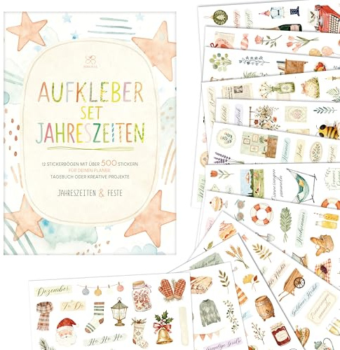 BIROYAL 12 Blätter Jahreszeiten Sticker Set, über 500 Aufkleber Landleben