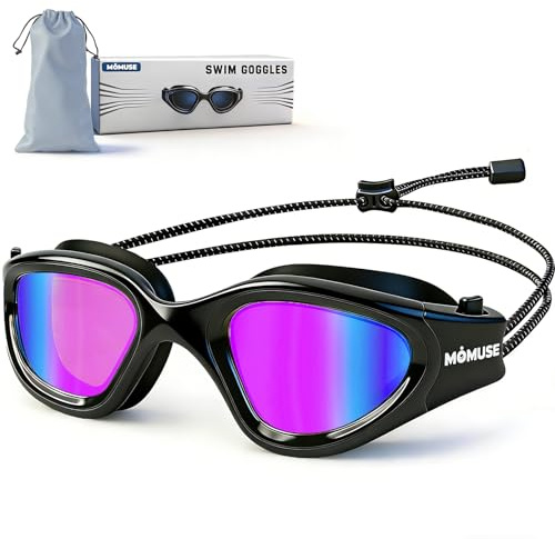 MOMUSE Gafas de Natación Adultos Cordón Elástico Cómodo, Protección UV, Sin Tirar Cabello Antiempañantes. Gafas Piscina Hombre Mujer, Campo Visión Amplio Piscina, Playa, Entrenamiento