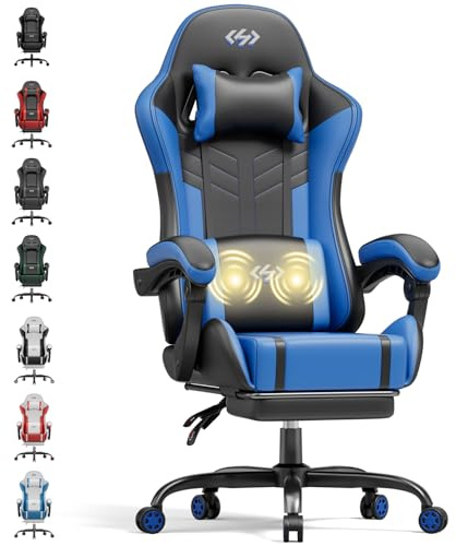 HLONONE Gaming Stuhl mit Massagefunktion, Ergonomischer Gaming Chair | Fußstütze, Kopfstütze und Massage Lendenkissen, Verstellbare Rückenlehne, für Homeoffice und Gaming, bis 150kg, Schwarz-Blau