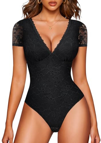 LODAY Lace Bodysuit Short Sleeve Bodysuit for Women Deep V Neck Body Suits Double Lined Bodysuit Slim Fit （X-Large,Black
