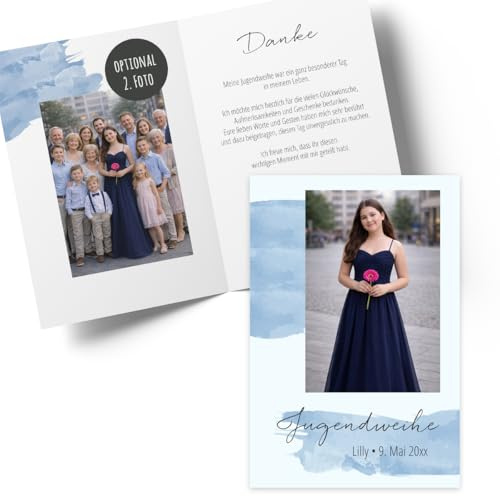 Dankeskarten Jugendweihe • PERSONALISIERT • Danksagung Jugendweihe • modernes Design mit Text & Foto • 10 bis 100 Karten • optional Umschläge • starkes Papier, Motiv Aquarell-Strich (blau)