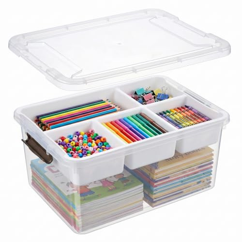 Yekolau 16L Plastic Storage Boxes with Lid & Removable Tray, Clear Craft Organizers with Compartments, Portable Storage Container for Craft Supplies, Beads, Tools, Sewing, and Playdoh Organization