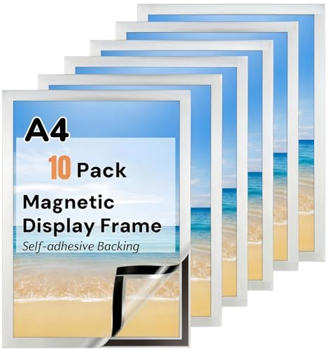 CHDEXU Magnetic Sign Holder A4, 10 Pack Self Adhesive Magnetic Picture Frame, Magnetic Photo Frames for Wall Window Sign Holder, Silver Display Frames for Home Office School