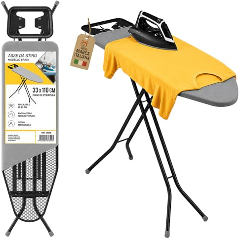AKITAInk Asse da Stiro BRAVA 33x110 cm in Acciaio, Asse Pieghevole Regolabile con Poggiaferro, Piedi Antiscivolo e Rivestimento 100% Cotone