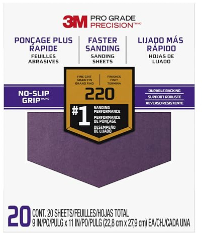 3M Papel de lija de grado profesional, antideslizante, 9 x 11 pulgadas, grano 220, 100 por caja
