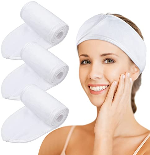 KinHwa Microfibre Bandeau Cheveux Femme Maquillage，scratch cheveux Spa lavable pour Soin Visage,Réglable Headband avec Magic Tape Élastique pour le bain, démaquillage et sport Blanc lot de 3