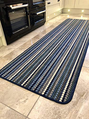 Jollys NEW BLUE NAVY GREY CREAM COLOURED MODERN WASHABLE NON SLIP KITCHEN UTILITY HALL LONG RUNNER DOOR MAT RUG (7 (57X180CM)