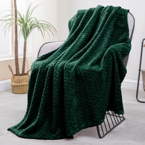 Exclusivo Mezcla Kuscheldecke Flauschig 130x170 cm Fleecedecke Sofadecke | Flanell Decke, Bett, Sofa, Bettüberwurf, Blättermuster, Leicht, Warm, Maschinenwaschbar, Ganzjahreszeit, Dunkelgrün