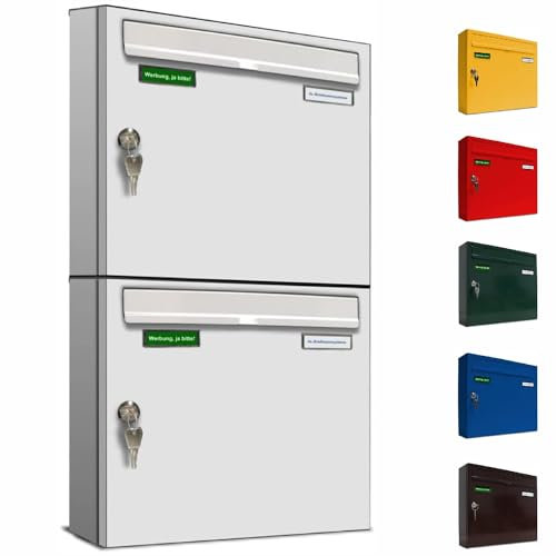 AL Briefkastensysteme Basic 2er Briefkasten RAL 9016 Verkehrs Weiss 2 Fach DIN A4 wetterfest Briefkastenanlage mit Posthaltebügel und 2 Namensschildern