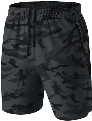 HMIYA Pantalones Cortos Hombre Running Transpirable Shorts Deportivos Secado Rápido Pantalón Correr con Bolsillo con Cremallera(Camuflaje Gris,EU-4XL/US-3XL)