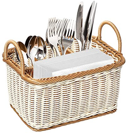 HEMOTON Multifunctional Kitchen Utensil Holder Silverware, Rattan Hand- Woven Cutlery Storage Organizer Stand, Divided Storage Basket, for Hold Forks, Spoons, Napkins, Indoor or Outdoor