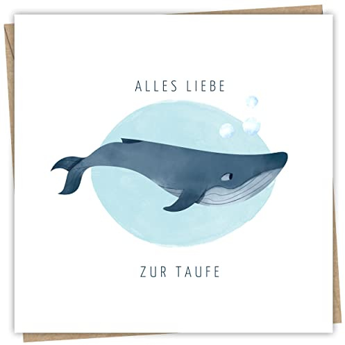 Hochwertig Karte zur Taufe mit Umschlag aus Kraftpapier - Taufkarte für Mädchen und Jungen 15x15 cm - Ideale Glückwunschkarte zur Taufe für das Patenkind als Klappkarte mit Wal Motiv