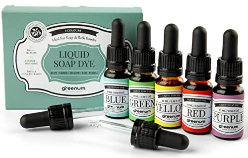 Seifenfarben flüssig, Farben-Set für Seifenherstellung, Badebomben selber machen, Badekugeln, Farbset Blau, Grün, Gelb, Lila und Rot für DIY-Seifen, 5 x 10 ml Farben in Glasflaschen
