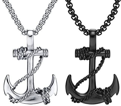 JKJF 2 Stück Anker Anhänger Kette Halskette Edelstahl Anker Nautisch Anhänger Kette Vintage Marine Piratenkette Gotik Hip Hop Punk Rock Halskette für Herren und Jungen - Silber Schwarz