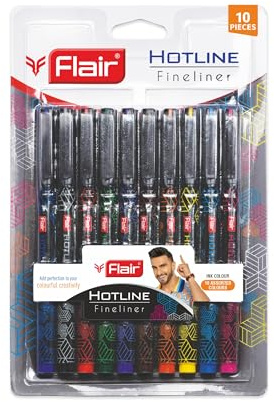 Flair Hotline Fineliner metallspetspenna | spetsstorlek 0,7 till 1 mm | Lätt vikt med bekvämt grepp | Extra slät | perfekt för skola, collage, kontor | flerfärgad påse, paket med 10