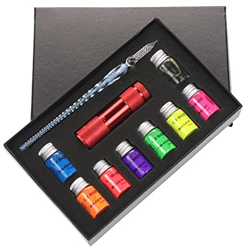 EEYZD Ensemble de stylos de Calligraphie, Encre pour vitrail, Ensemble d'encre pour Stylo Plume avec Encre d'art Fluorescente et Invisible, Lampe UV, Cadeau de Peinture,Bleu
