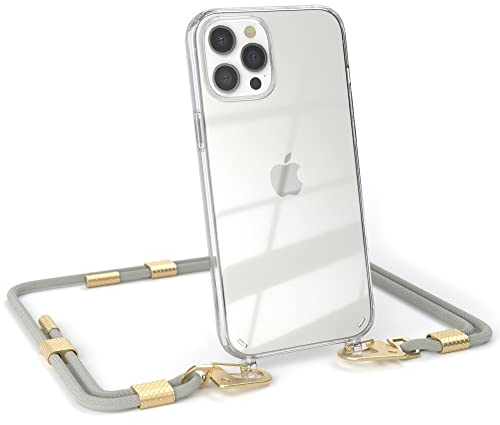 EAZY CASE - Handykette mit Karabiner kompatibel mit iPhone 12 Pro Max - Hülle Silikonhülle Fallschutz transparente Handyhülle Kette zum Umhängen Schutzhülle in Taupe - Clips Gold