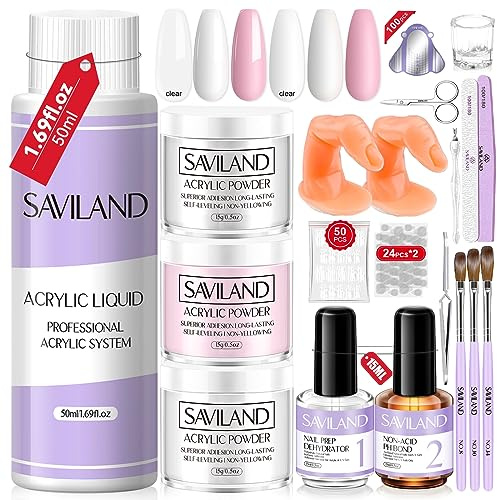SAVILAND Acrylic Nail Kit, Clear White Pink Acrylic Powder and Liquid Set with Dehydrator & Primer, Complete for Beginners DIY Nail Extension Manicure