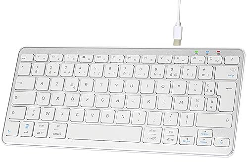 Qulose Mini Clavier sans Fil Bluetooth AZERTY Français - Silencieux, Léger, Rechargeable USB C, 12 Raccourcis Multimédias, pour Mac, iPad, iPhone, Android, Windows-Silver