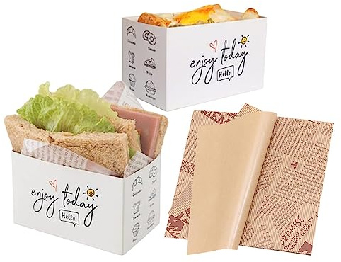 50 Pack Paper Take Out Containers,Mini Burger Boxes,Sandwich Take Out Boxes with 50 Sheets of Oil Paper for Restaurant, Picnic and Party Food Containers (C)