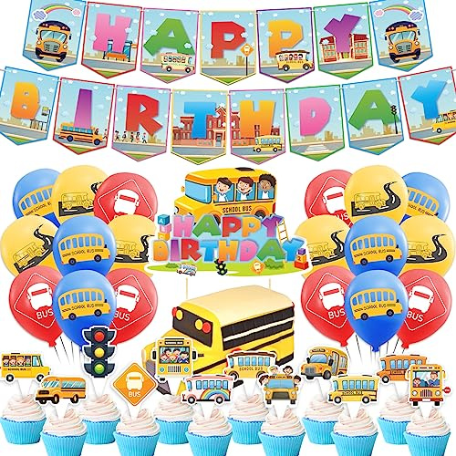 Schulbus Geburtstagsfeier Dekorationen - Happy Birthday Banner, Kuchen Cupcake Toppers, Ballons für Party Bevorzugungen und Zurück zur Schule Zubehör