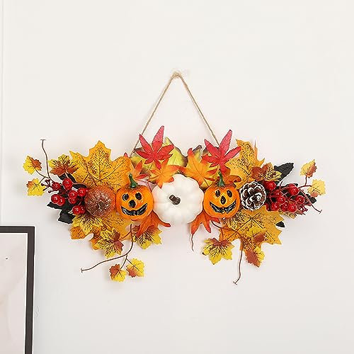 Herfair Halloween Kranz KüRbis TüRkranz,Wand Ahorn Kürbis Halloween Holz Anhänger Ahornblatt Kürbis, für Thanksgiving Halloween Türdekorationen (C)