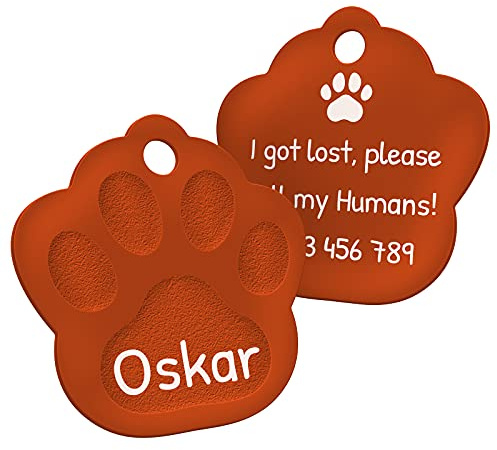 ENGRAVO Hundemarke mit Gravur in Orange 33mm | Pfote Halsbandanhänger personalisiert | Namensschild für Halsband | Anhänger Marke für Hunde, Welpen & Katzen | Dog Tag mit Wunschgravur