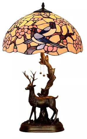 AIBOTY Vogellampe, rosa-Blaue Buntglas-Tischlampe mit Zugkettenschalter, 16-Zoll-Tiffany-Stil, Pastorale rosa Blumenlampe, Schlafzimmer-Nachttischlampe, Leselampe,Elk
