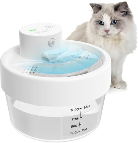 MASBRILL Cat Water Fountain for Drinking, Wireless Cat Water Fountain, 1L Cat Fountain Battery Operated with Motion Detector, Super Silent Water Fountain Cat Bowl, Pet Water Fountain for Dog(White)