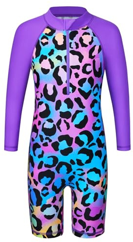 HUAANIUE Girls UPF 50+ UV One Piece Swimwear Kids Bodysuit Beachwear with Ziper Surfing Pink Swimming Children Bathing Costume 4-11 Years(PurpleLeopard,164/170)