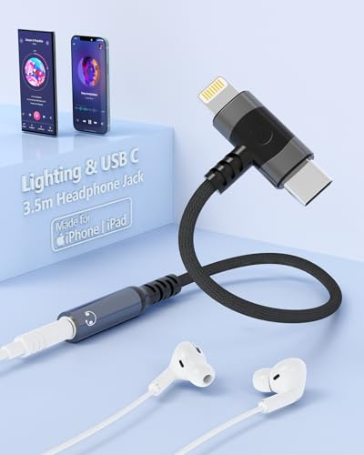 Adaptador Lightning y USB C a Jack 3.5mm, 2 en 1 Adaptador Auriculares Audio Tipo C y Carga Rápida 60W Compatible con iPhone 16 Pro Max/15, Samsung S24/S23/S22 Ultra, iPad Pro, Pixel, Huawei P50