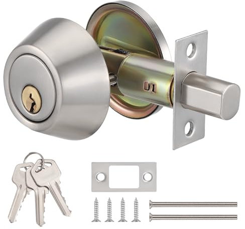 Faankiton Puerta Cerradura con Cerrojo de Doble Cilindro, Cerradura de Cerrojo con Llave, Cerradura de Cerrojo de Puerta, Cerradura de Puerta, Cerrojo de Roseta, Pomo Redondo para Puerta (Plata)