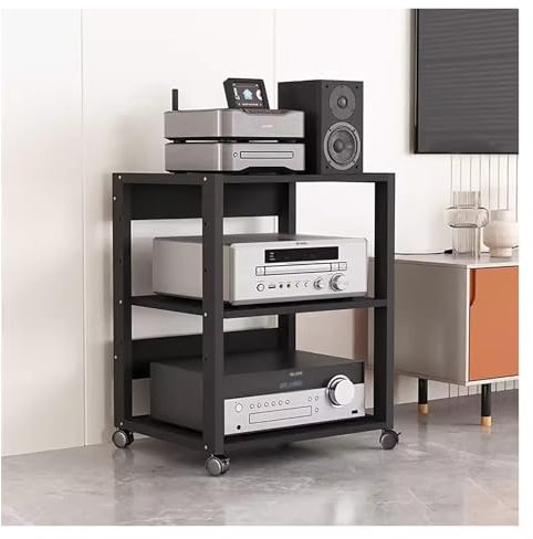 Moderner, hoher HiFi-Regal, Audio-/Video-Komponentenschrank mit Rollen, 3-stöckig, Audio-Komponenten-Rack, Turm für Zuhause/Büro, Medien, Stereo-Ständer, Ausrüstungsregale (69,3 cm)
