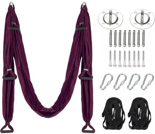 Generisch Aerial Yogatuch, Yogatuch Zum Aufhängen, Hängematte Set, Aerial Yoga Stretching Gurt für Reha Pilates Ballett Cheerleading Spagat Gymnastik Hochelastischer Stretching Band(Dunkelviolett)