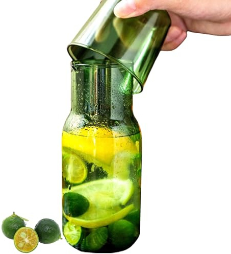 Nachttisch-Wasserkaraffe und Glas-Set, 500 ml, klares grünes Glas, Nachttisch-Wasserdekanter mit Becher, Glasauslauf, Dekanter mit Tasse für Büro, Nachttisch, Glas-Wasserflaschen, Nachttisch-Karaffe,
