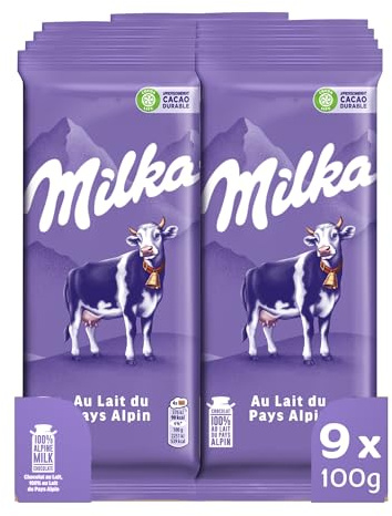 MILKA - 9 Tablettes de Chocolat au Lait Milka 100g - Chocolat au Tendre Lait du Pays Alpin - Lot de Tablettes de Chocolat au Lait - Lot de 9x100g
