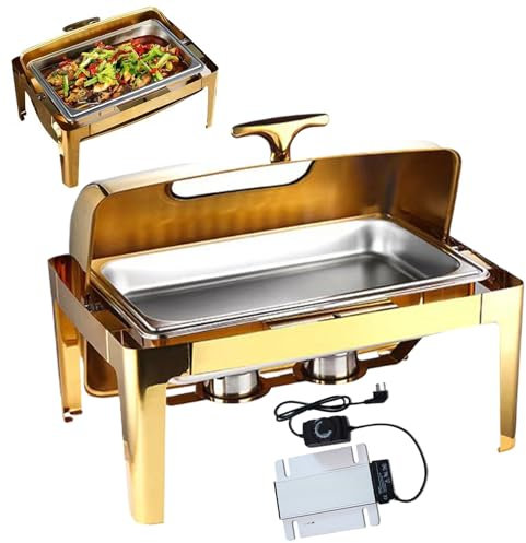2-in-1 Chafing Dish, 9L Stainless Steel Rectangular Food Warmer,Stainless Steel Chafing Dish Buffet Server with 35-85℃ Adjustable Temperature Control/Visual Glass/400W Heating Plate, for Catering