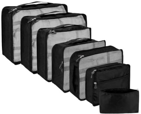 Große Packwürfel 7er-Set, Koffer-Organizer-Taschen, Reisetaschen, Organizer, Packing Cubes, Schwarz