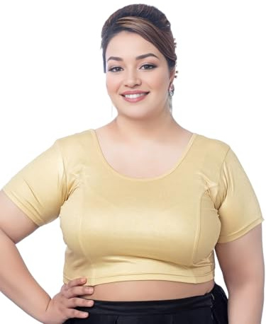 Biyu Women's Lycra Stretchable Gold Short Sleeves Round Neck Princess Cut Plus Size Readymade Saree Blouse, Gold, 50, Gold, 50