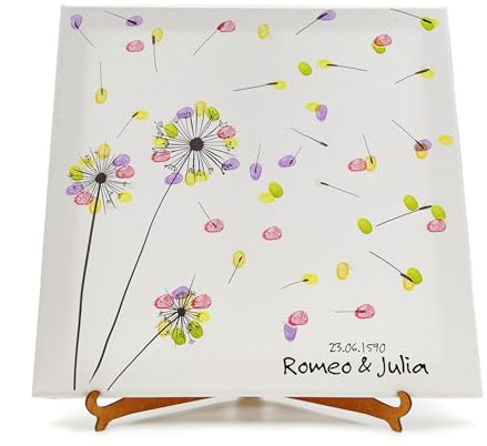 codiarts. personalisierte Leinwand für Fingerabdrücke 50x50cm für Party, Hochzeit, Jubiläum, Geburtstag, als Gästebuch inkl. Stempelkissen und Stift (Pusteblume, 30 x 30 cm, Bespannte Leinwand)