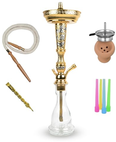 Cachimba Tradicional Al Zahra 60 cm en Latón Brillante | Diseño Artesanal con Cazoleta de Arcilla, Manguera de Gamuza y Madera, 50 Boquillas Higiénicas y Accesorios Completos