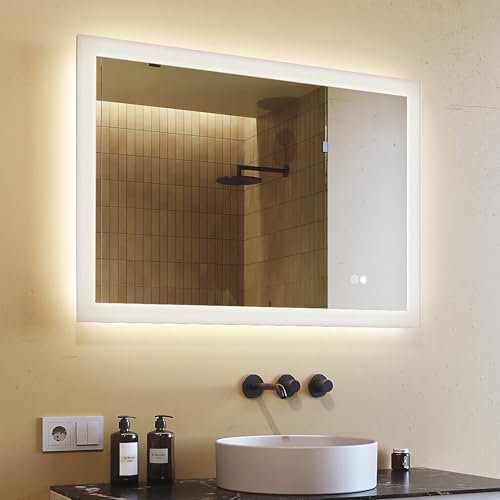 100x70cm rechteckiger Badezimmerspiegel mit Beleuchtung LED, Badspiegel mit Touchschalter, Beschlagfrei und einstellbare Lichtfarbe Lichtspiegel (3000K-6500K), horizontal Badspiegel energiesparend