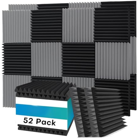 Diheohg Pack of 52 Acoustic Foam Panels, 12 X 12 X 12 Inches Soundproofing Foam Panels for Walls, Sound Absorbing Acoustic Panels, Black and Grey