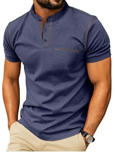 PrinStory Henley-skjorta för män, kortärmad, sommar-t-shirts, Henley-urringning, toppar med bröstfickor, Vg marinblå, M