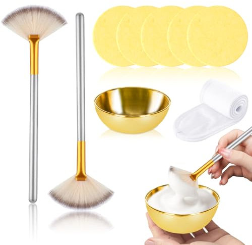 Facial Mask Brush and Bowl Set Large Gold Facial Mixing Bowl 2 Fluffy Fan Brushes 5 Compressed Facial Sponges Headband Professional Mask Applicator Tools for Skincare Routine