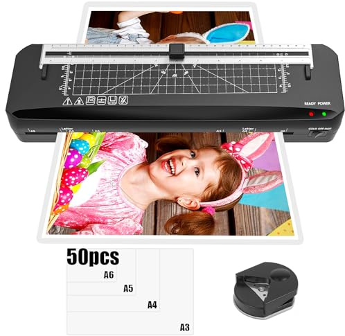 Laminator, A3 Laminator Machine with Built-in Trimmer, 70 Seconds Quick Warm-Up, Cold and Thermal Laminating with 50 Sheets, NTC Technology for Home Office School (A3+50pics)