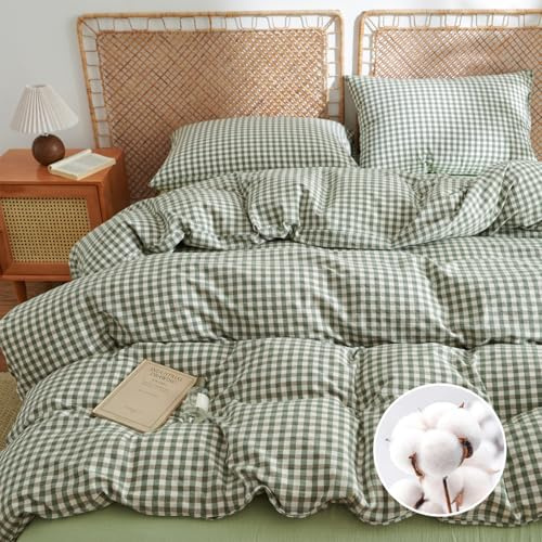 AShanlan Bettwäsche 135x200 Baumwolle Grün Kariert Bettwäsche-Sets 2teilig | Bettbezug 135x200 mit Kissenbezug 80x80 cm, ÖKO-TEX Leinenoptik Gewaschene Baumwolle Bettwäsche mit Reißverschluss